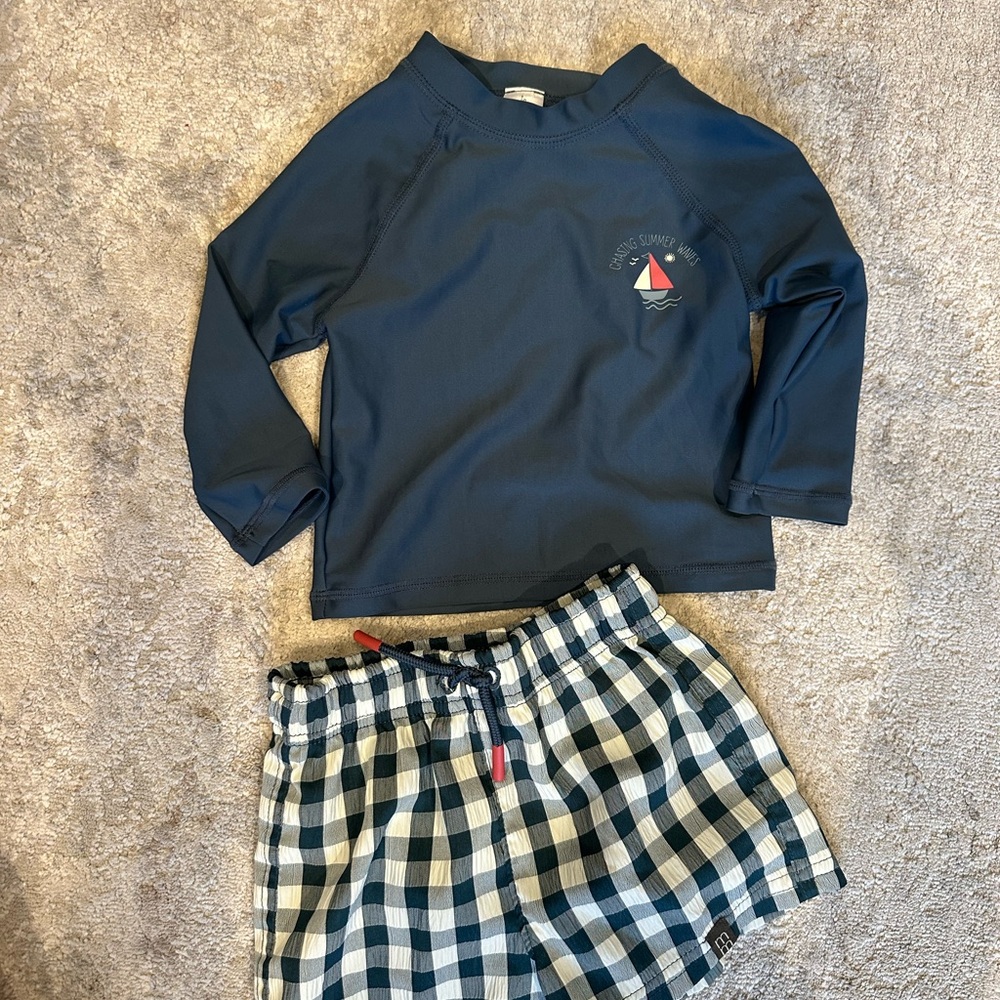 Baby Swim Set – Rashguard + Gingham Shorts (3–6m) Never Worn